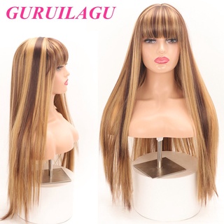 guruilagu pelucas largas rectas de 30 pulgadas para mujeres pelucas naturales suaves pelucas sintéticas con flequillos resistentes al calor fibra color ombre