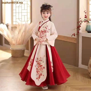 Traje de otoño / invierno Hanfu para niñas, traje de super hada estilo chino mejorado, traje Tang, disfraz antiguo para niños, vestido de manga larga para niñas pequeñas debajo de la falda