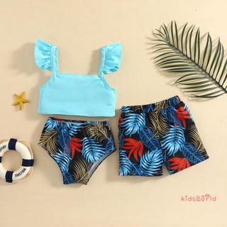 KidsW-Niña Lindo Bikini De Dos Piezas Conjunto De Moda Color Sólido Volantes Camisola Y Hojas Impresión Pantalones Cortos Traje De Baño