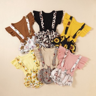 conjunto de ropa de bebé niño niña volantes manga floral impreso correa falda 3pcs