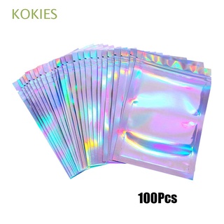 kokies 100 bolsas de almacenamiento láser bolsas cosméticas dulces joyería plana de aluminio de un lado transparente