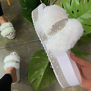 Women High Heel Plush Sandals Fashion Sexy Female Platform Rhinestone Shoes Slippers Heel Flip Flops