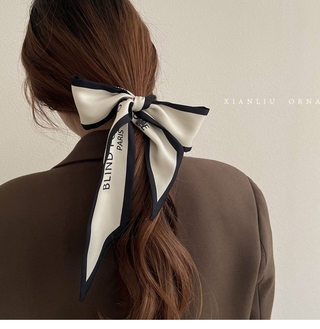 ❤Listo stock francés de alto nivel letras estrechas larga seda bufanda minimalista retro ins viento suave y elegante lazo pelo cinta@ SYZ
