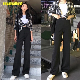 royalvalley1 mujer cintura alta Streetwear pantalones negro suelto gasa ancho pierna pantalones de oficina JSA