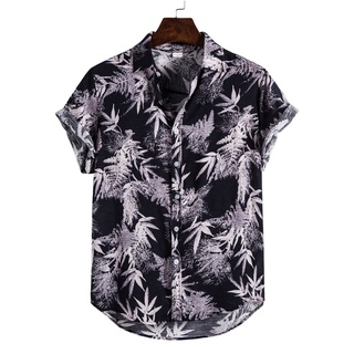 Mens Lino Étnico Manga Corta Casual Impresión Hawaiana Camisa Blusa Camiseta