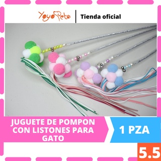 Juguete para gato interactivo de pompones con varita y cascabel Tamaño de 41cm en color rosa azul verde morado 1 pieza