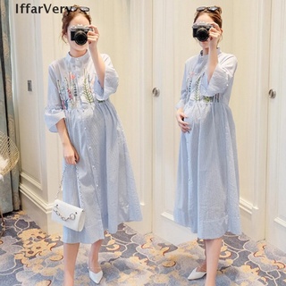 [IffarVery] Pregnant Women Dress Long Sleeve Casual Striped Embroidered Maternity Top Dress .