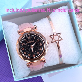 (Reloj + pulsera) Reloj de cuero para mujer / reloj con pulsera de estrella