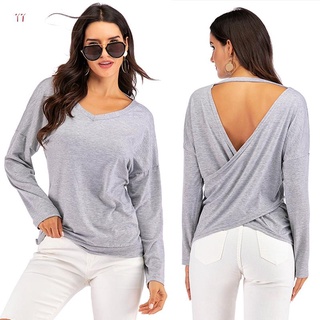 Women Autumn Long Sleeve T Shirt Loose Open Back Twisted Tops Backless Casual Tops S Size