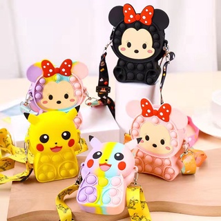 Minnie Cartoon Pop It Fidget Toy Bag With Rope Bubble Pressing Silicone Crossbody Coin Purse Zipper Bags