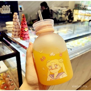 YL🔥Stock listo🔥Sailor Moon Anime plástico transparente con paja botella de agua de dibujos animados esmerilado botella de agua a prueba de fugas bebida lindo estudiante chica regalo taza (8)