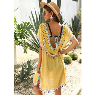 mujer playa cubrir vestido flecos túnica amarillo ropa 2021 femme verano mujeres borla bohemia mujer traje de baño encubrimientos pareos (4)