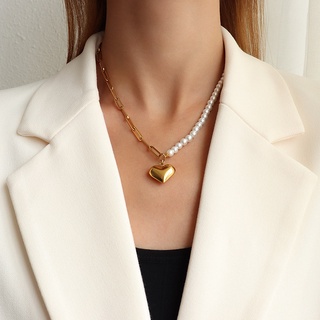 marka textura francesa collar de perlas diseño de nicho imitación perla melocotón corazón collar titanio acero clavícula cadena hembra p1009
