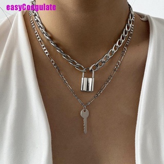 [D] collar/Choker de cadena de eslabones Punk multicapa con colgante de joyería con llave de candado