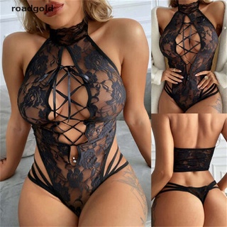 Roadgold Women Bodysuit Tempting Black Lace Halter Sexy Lingerie Porn Underwear Jumpsuit Hollow Out See-through RGB