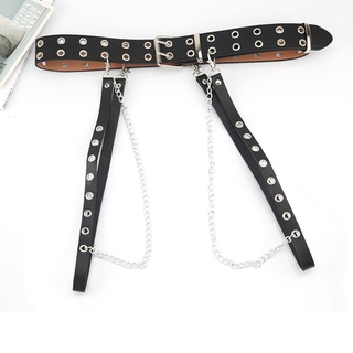 Punk gótico cinturón de cuero sintético para mujer ajustable cadena de Metal anillo cinturón (2)