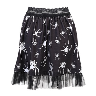 R-r mujeres gótico Punk araña impresión negro Mini falda plisada elástica encaje cintura alta malla volantes dobladillo Harajuku Streetwear