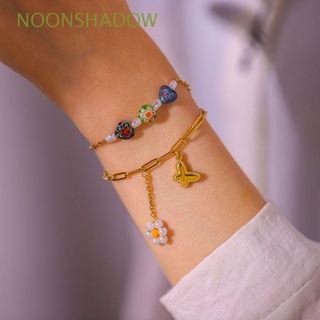 NOONSHADOW Cool Female Ankle Chain Charm Butterfly Titanium Steel Anklet Women Cute Bohemian Korean Double Layer Simple Pearl Bracelet/Multicolor