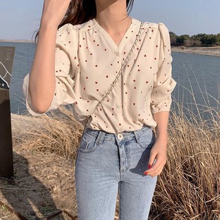 Las mujeres V-cuello amor impresión camisa de manga larga pétalo manga blusa coreana tops (7)