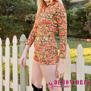 Demq-mujer Floral impreso patrón mono naranja manga larga cremallera cierre pijama