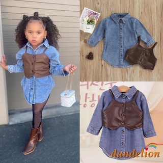 DANDELION-Baby Girls Denim Dress Set Solid Color Long Sleeves Button Down Shirt Dress (1)