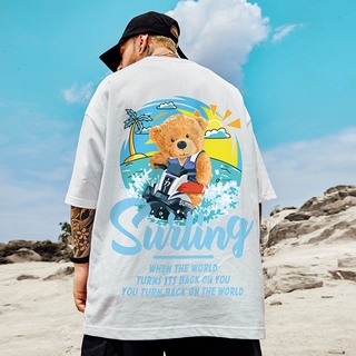 M-5xl hip-hop estilo de los hombres y las mujeres de gran tamaño T-shirt Menswear cuello redondo de manga corta T-shirt moda verano surf oso de peluche impresión camiseta pareja top