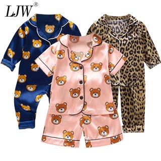 LJW conjunto de pijamas para niños traje de Bebé Ropa para niños pequeños niños niñas Satén de seda de hielo estampado de dibujos animados pantalones conjunto de ropa para el hogar