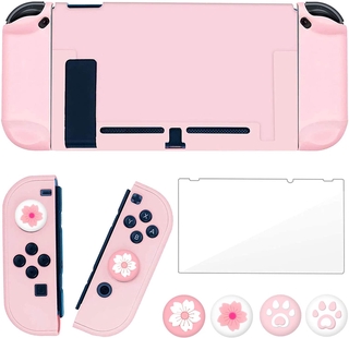 Pink Protective Case Cover For Nintendo Switch Joy-Con Controllers Shell wtih Glass Screen Protector and 4 Thumb Grips