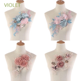 VIOLET Escote de cuello Parche de coser Ropa Bordado Vestido apliques Tela Boda Trim CRAFT De encaje de flores