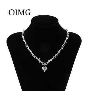 OIMG Punk Hollow Chain Necklace Simple Heart-shaped Tassel Single Layer Silver Color Necklaces for Women Kpop Zinc Alloy Wholesale