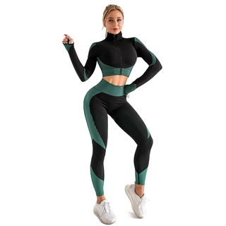 2 piezas conjunto de mujeres traje deportivo gimnasio entrenamiento ropa completa cremallera manga larga Fitness Crop Top cintura alta sin costuras polainas Yoga conjunto (7)