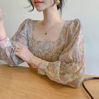 listo stock-coreano moda mujeres manga larga impresión floral gasa cuello cuadrado camisa blusa tops