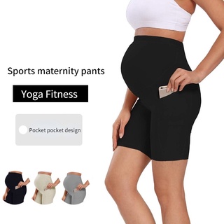 maternidad deportes pantalones cortos de moda de cintura alta delgada yoga fitness pantalones de maternidad bolsillo pantalones s-xl
