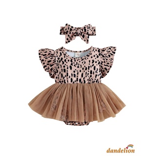DANDELION-0-12months Baby Girl Summer Outfit, Leopard Print Tulle Flying-Sleeve One Piece Romper + Hairband (9)