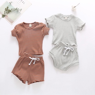 ╭trendywill╮Newborn Infant Baby Girls Boys Striped T shirt Tops Shorts Outfits Clothes Set