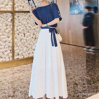 Vestido de retazos de dos piezas falso Falda larga azul y blanco moda fresco verano nueva tendencia chica Linda
