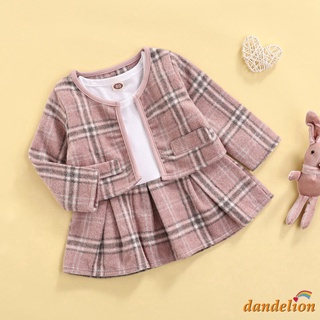 DANDELION-Baby Girl Dress + Jacket Set, Color Block Plaid Long Sleeve Round Neck