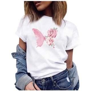 Latopee moda mujer Casual mariposa letra impresión manga corta O-cuello camiseta blusa