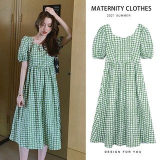 340 ropa de maternidad de verano manga corta fácil de coincidencia a cuadros O cuello verde suelto elegante vestido de las mujeres embarazadas vestido de mamá