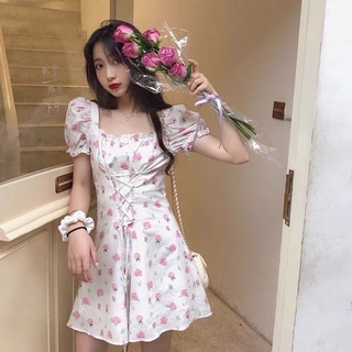 Verano primer amor cuello cuadrado Floral una palabra vestido de las mujeres Slim Fit atado rosa impresión Cinched elegante Puff manga vestidos cortos (3)