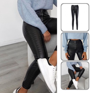 <COD> Faux Leather Slim Pants Print All Match Long Trousers High Elasticity for Party