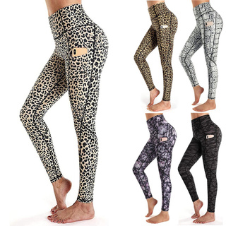 Women Yoga Pants Pockets Leopard Print High Waist Workout Leggings Running Pants