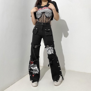 Estilo Punk Americano Europeo Personalizado Impreso Jeans Nicho Diseño Sentido Metal Hebilla Suelta Slimmer Look ♔