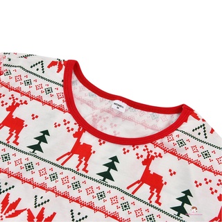 Xzq7-navidad familia coincidencia pijamas, impresión alce de manga larga cuello redondo Tops con pantalones (9)