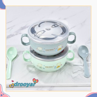 DO Stainless Steel Cartoon Rice Bowl Double Layer Heat Insulation Double Ear Bowl + Cover + Spoon for Baby (1)