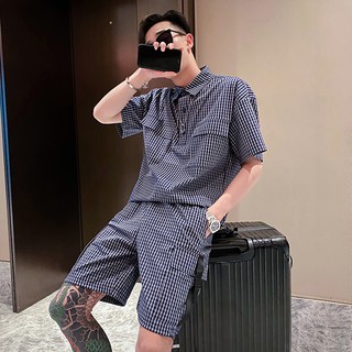 Traje deportivo masculino guapo juventud cuadros camisa pantalones cortos de dos piezas hip-hop casual social guy media manga camisa