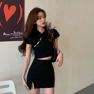 2021Nueva falda de verano para mujer estilo Cheongsam corto estilo femenino manga cortaTCamiseta Traje de falda de cintura alta negro