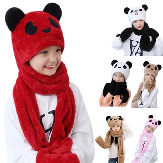 hear Kids Baby Winter 3 In 1 Hat Scarf Gloves Set Cute Panda Animal Ears Thicken Fuzzy Plush Hoodie Earflap Cap Neck Warmer
