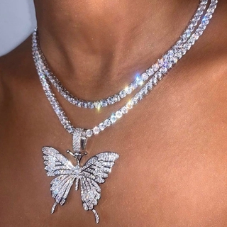 Colorido deslumbrante elegante Noble princesa grande mariposa colgante collar de diamantes de imitación cadena para las mujeres Bling tenis cadena de cristal gargantilla collar joyería