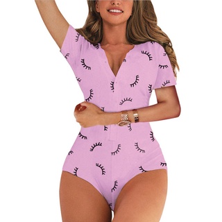 SSR-Women One Piece Pajamas Short Sleeve Deep V-Neck Print Bodysuit Home Wear